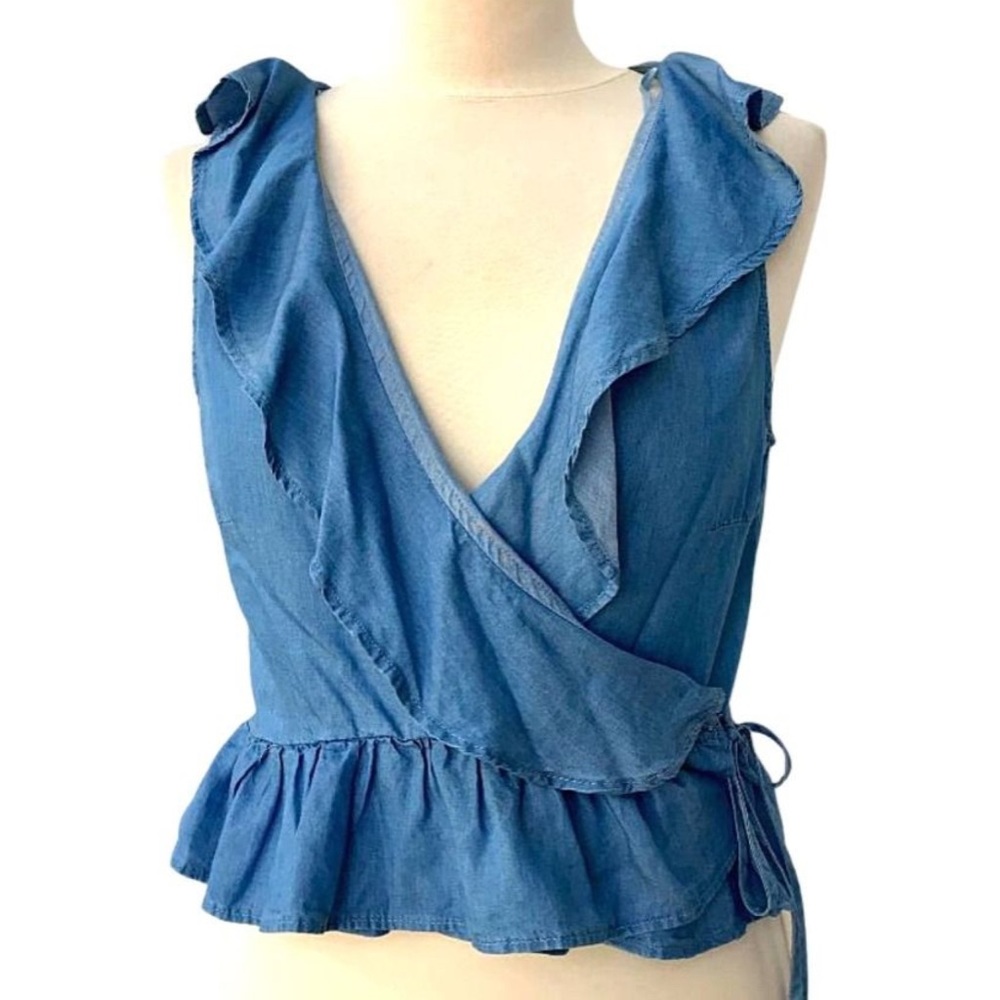 Zara Denim Ruffled Wrap Top - Picture 2 of 9